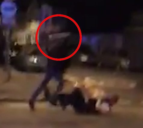 Exclusive footage shows the knifeman launch himself at the cop