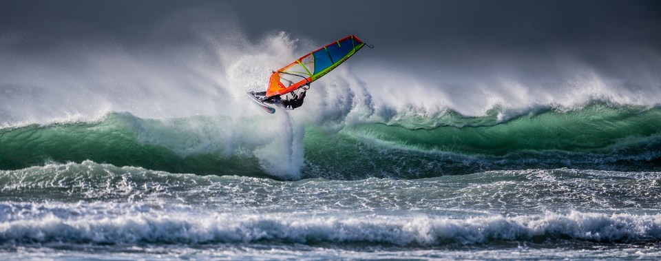  Richard Windsor snaps a windsurfer practising during a gale on the Isle of Tiree, Inner Hebrides, Scotland