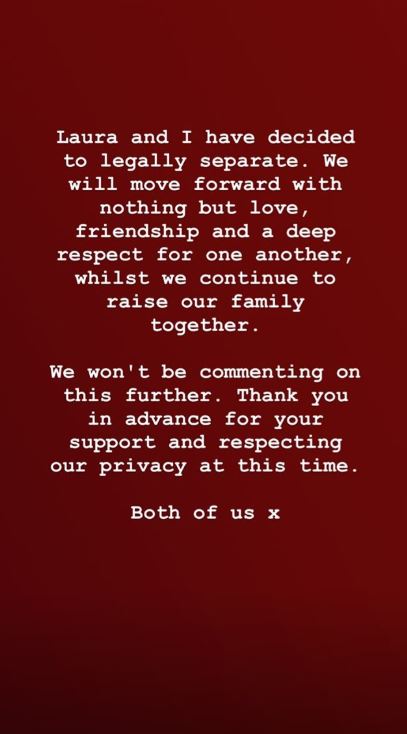  Sam posted a statement to his Instagram stories on Monday evening at the same time as Laura