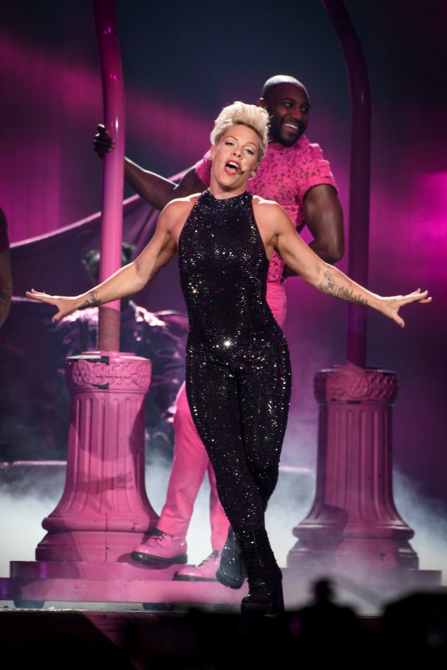  Pink dazzled in a tight black catsuit as she wrapped up her 157-date Beautiful Trauma tour