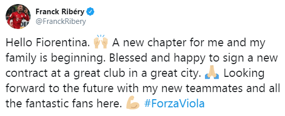 Ribery took to Twitter to say hello to his new supporters who came out to welcome him to Florence