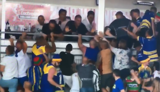Warrington and Catalans fans climb into exec boxes in shock rugby brawl