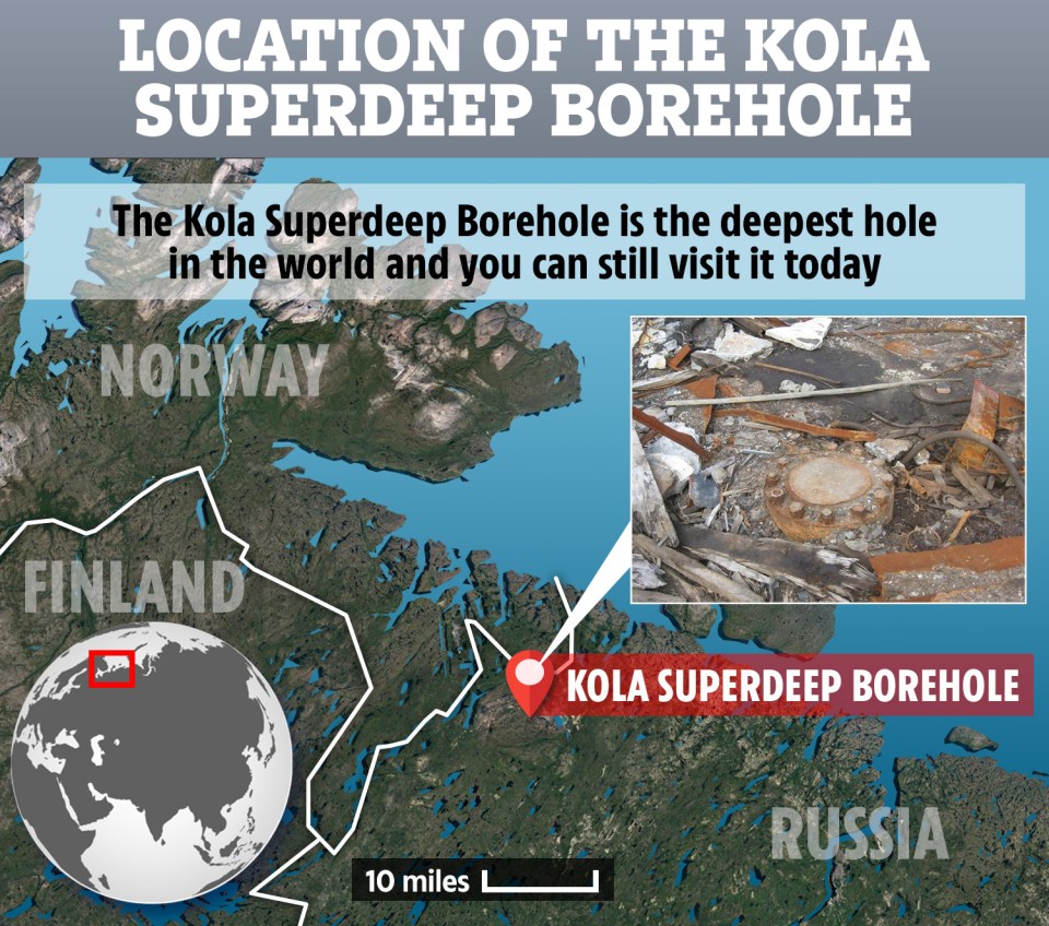 Map showing the location of the Kola Superdeep Borehole in Russia, the world's deepest hole.