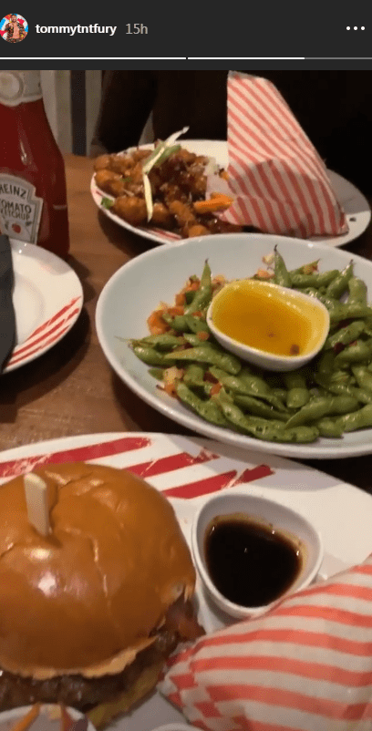  Tommy opted for a burger but also some healthier greens on the side