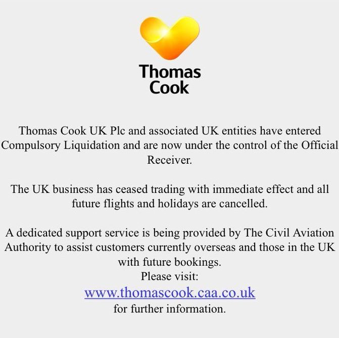  Thomas Cook announced it has ceased trading after 178 years this morning