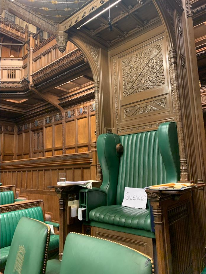  A 'silenced' sign was left in the Speaker's chair by Labour MPs angry at the Parliament shutdown