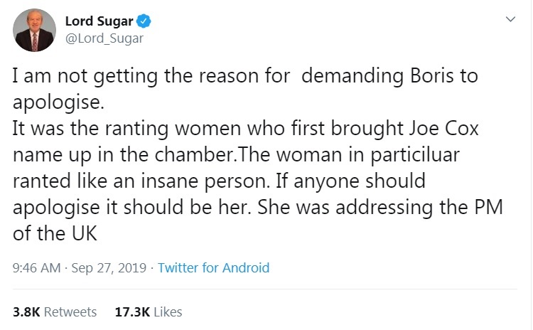  Lord Sugar tweeted Boris Johnson should not apologise over the row