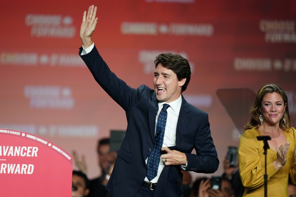  Canadian Prime Minister Justin Trudeau waves to supporters after the federal election at the Palais des Congres in Montreal