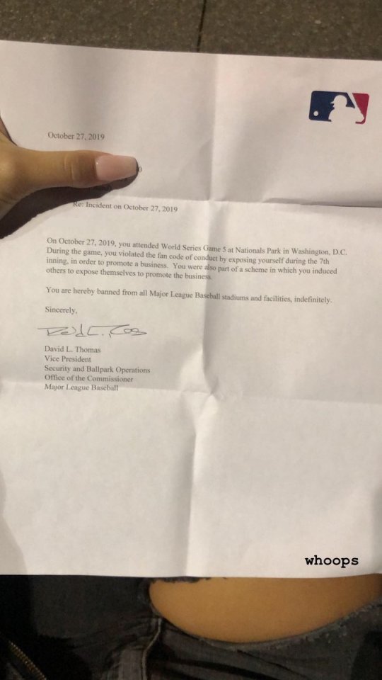  Julia Rose shared this letter on Twitter claiming it came from the Major League Baseball telling her she was now banned