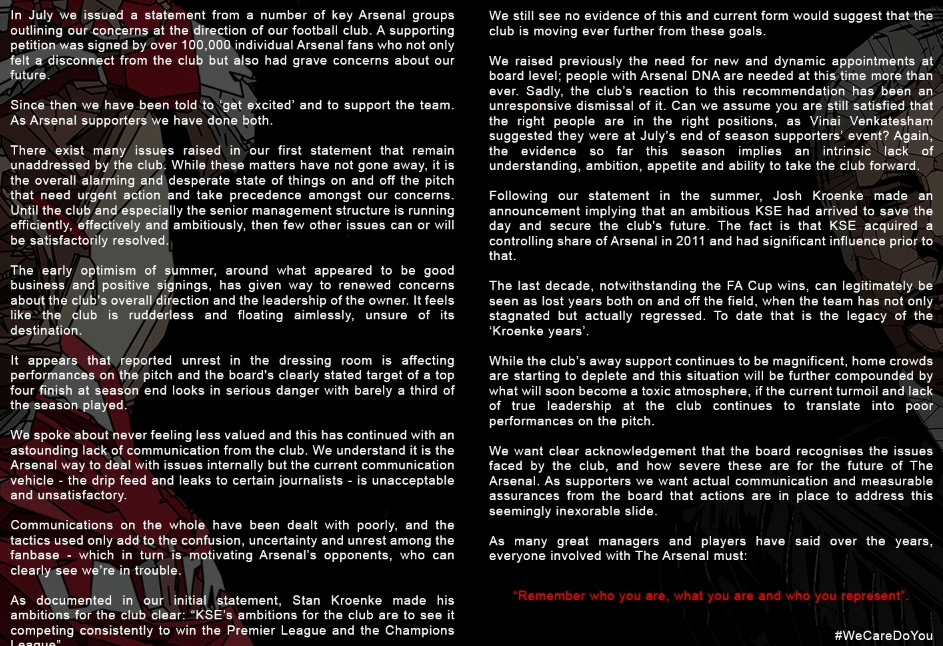  The full statement from the Arsenal Supporters Alliance
