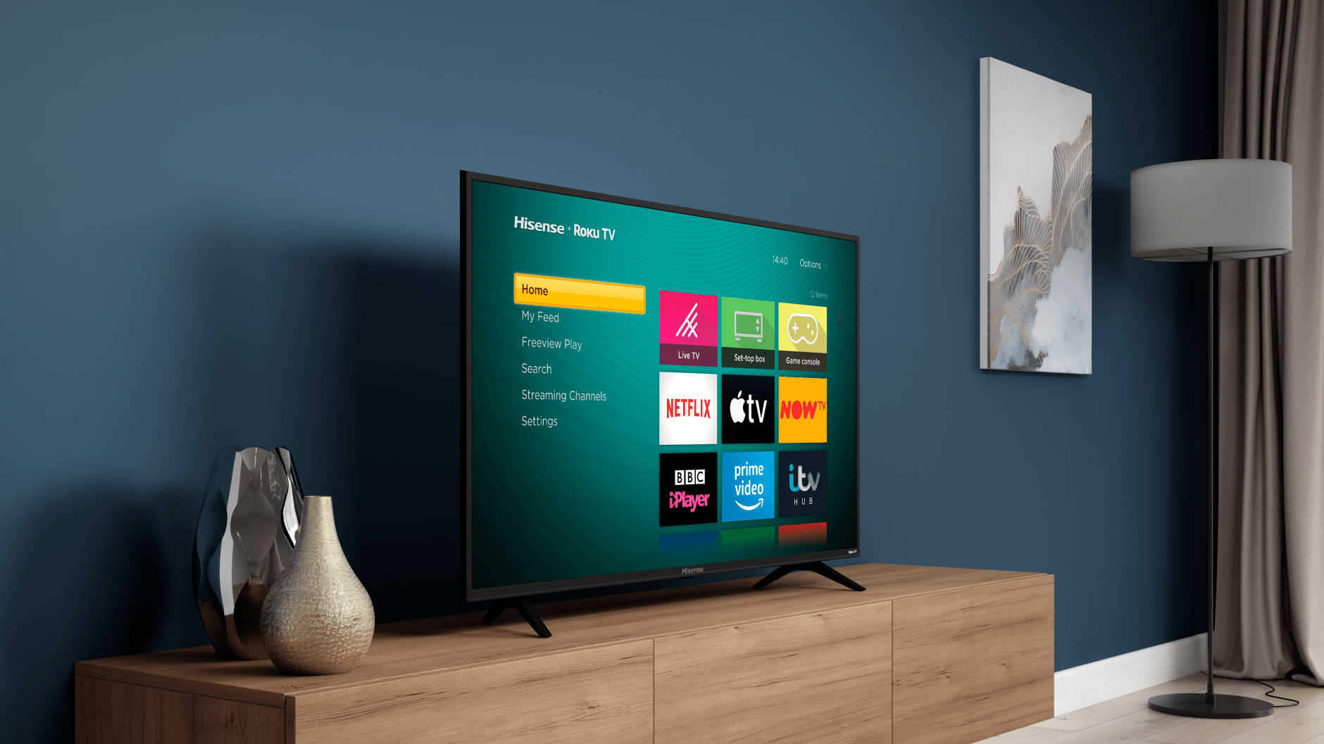 a hisense tv is sitting on a wooden stand