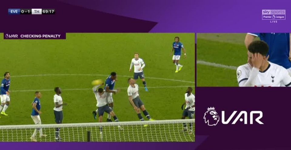 VAR examined Dele Alli touching the ball or Yerry Mina pushing him bfor ruled no penalty for Everton