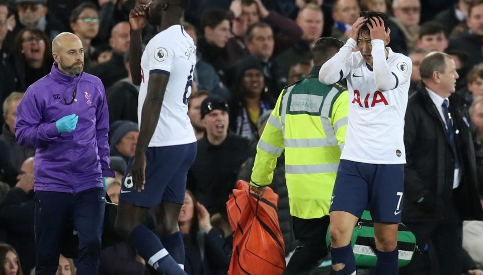 Son Heung-min looks in despair as he realises the extent of the injury for Andre Gomes