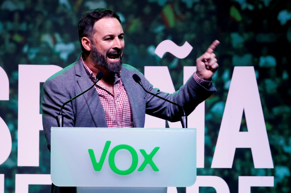  Santiago Abascal, leader of Spain's far-right party VOX, speaking at a rally