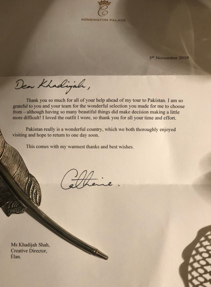 The Duchess of Cambridge penned a heartfelt thank-you letter to Khadijah Shah  