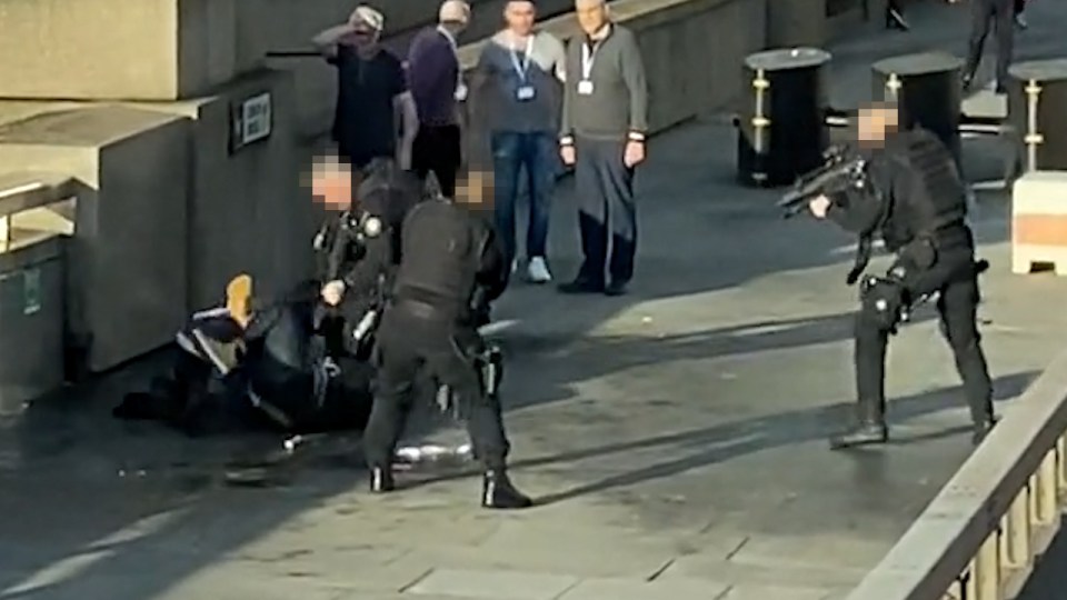  Usman Khan was wielding two knives when he was eventually pinned down on London Bridge yesterday