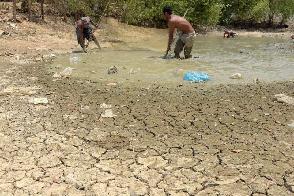 Cambodian men used a net to catch fish in a nearly dried pond