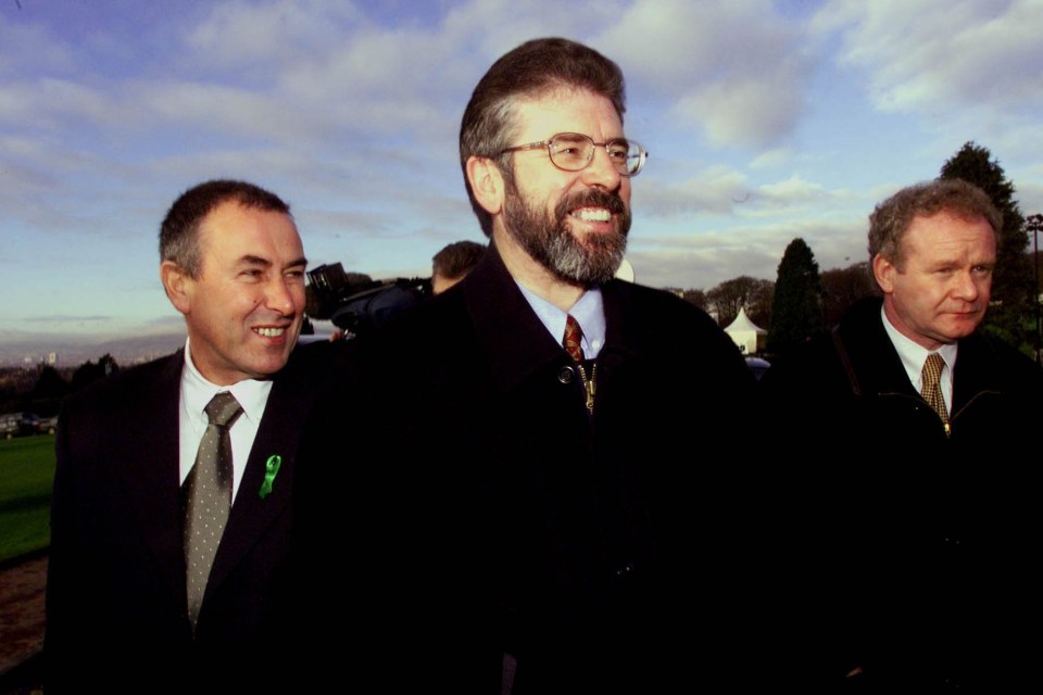  Sinn Fein members Mitchell McLaughlin, Gerry Adams and Martin McGuinness. Corbyn has hosted IRA-linked McLaughlin (left) in Parliament