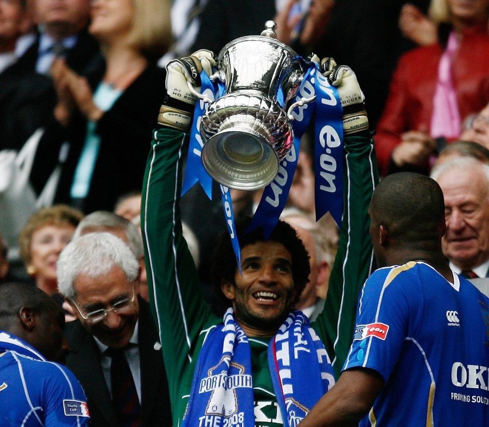  David James is elated after winning the FA Cup final with Portsmouth