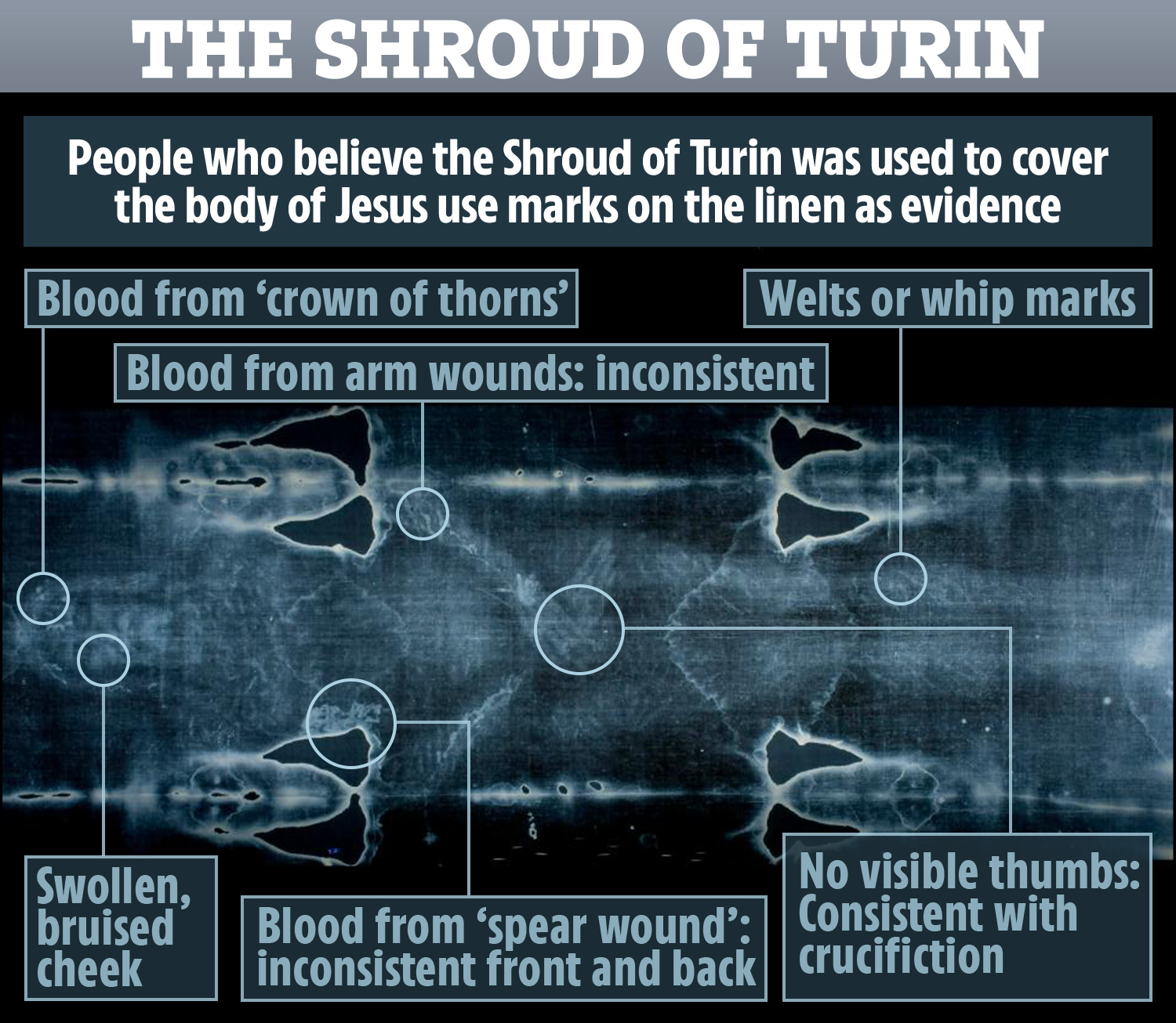 a poster explaining the shroud of turin with various labels