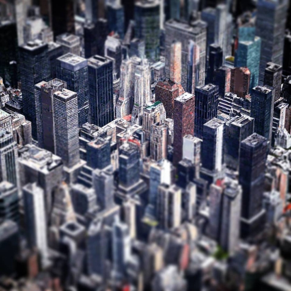  A blur filter makes the towering New York City skyline look like a model map