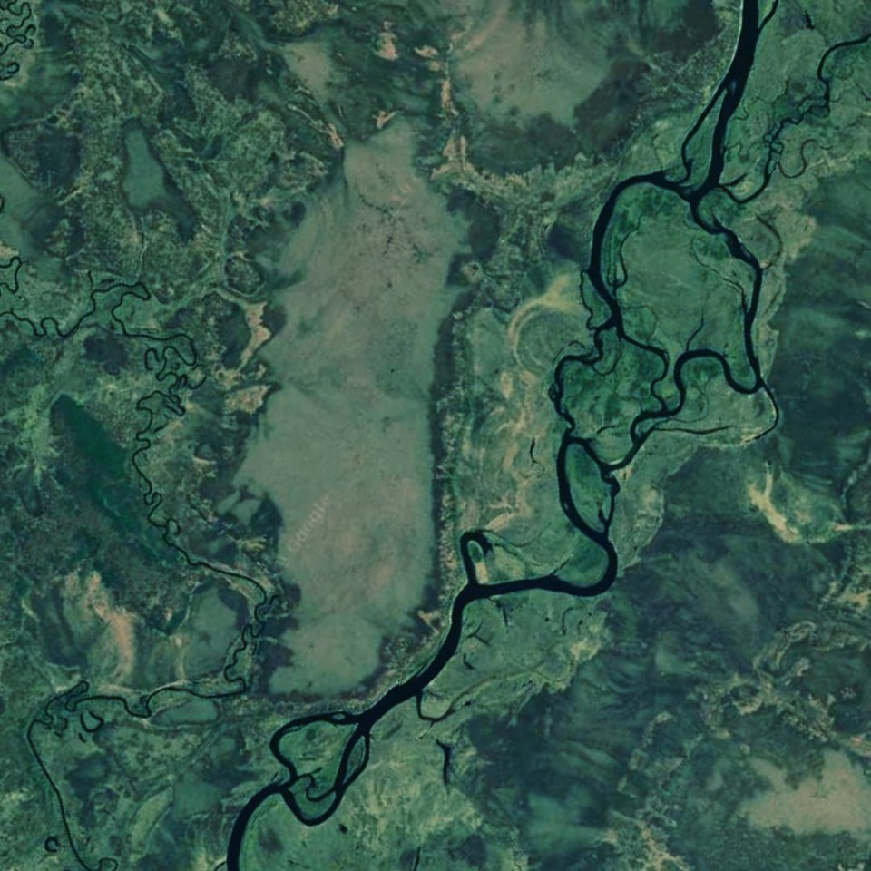  A green filter is used to create a map view of the Kamchatskaya Oblast mountain region in Russia