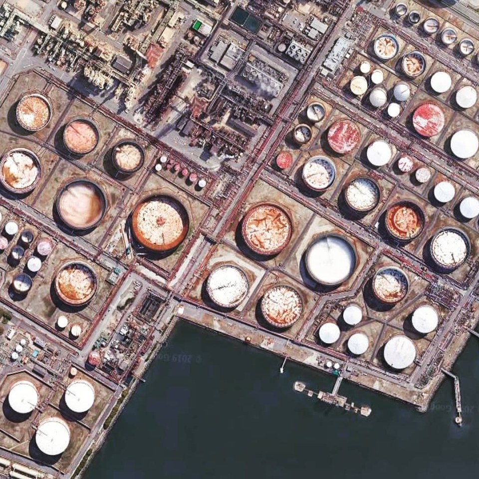 A grainy filter has been used to distort the texture of this industrial plant in Osaka, Japan