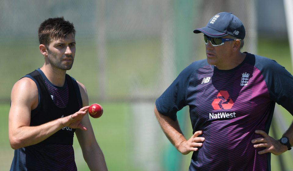  Mark Wood has a chat with England coach Chris Silverwood during nets practice