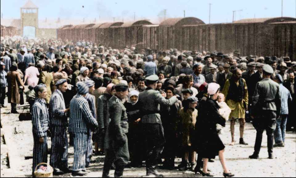 Jewish inmates are forced by SS officers into two queues â one destined for the gas chambers
