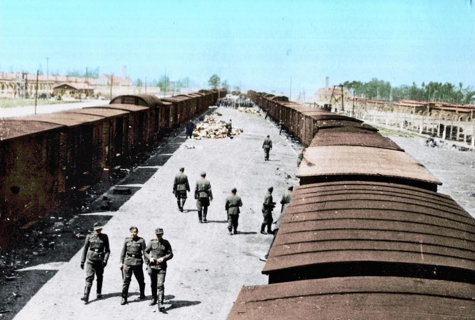  German guards await the shuttered transport trains at Auschwitz-Birkenau concentration camp