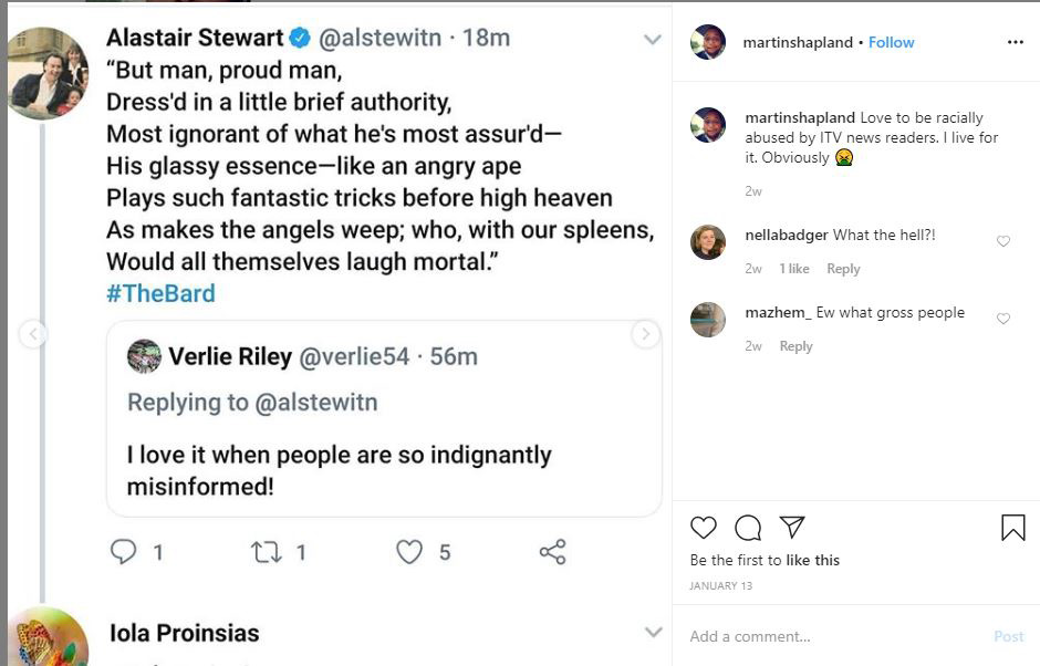  Stewart uses the Shakespeare quote during a Twitter debate