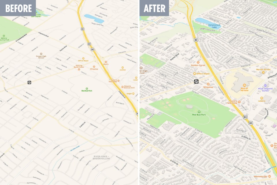  Apple has redesigned its Maps app. The new version (right) adds more detail to roads and buildings