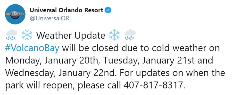Universal's Volcano Bay will be closed until Wednesday