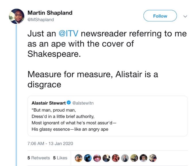Martin Shapland accused the newsreader of being racist, tagging ITV in his tweet