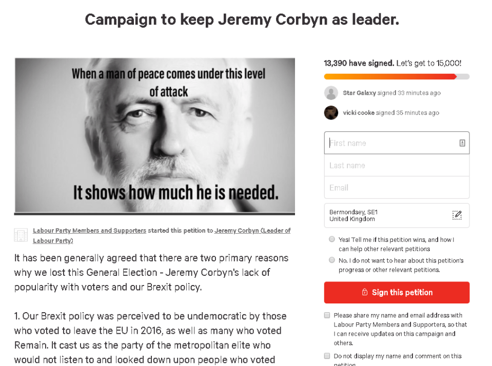  The petition urges Jeremy Corbyn to remain as Labour leader