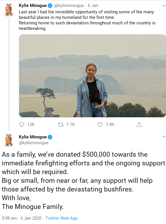 Kylie Minogue also announced she and her family have donated half a million dollars