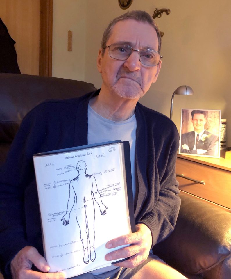  Terry Lubbock holds a diagram of his son's injuries, ahead of C4's Barrymore: The Body In The Pool