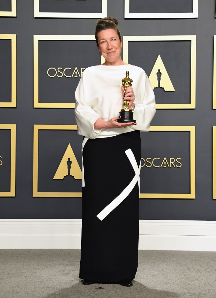 Jacgueline Durran accepts the Oscar for Costume Design for Little Women 