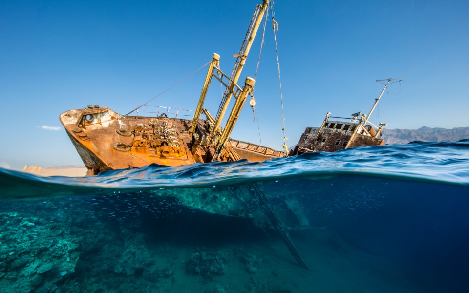  This split shot of the Georgios shipwreck was taken in Saudi Arabia