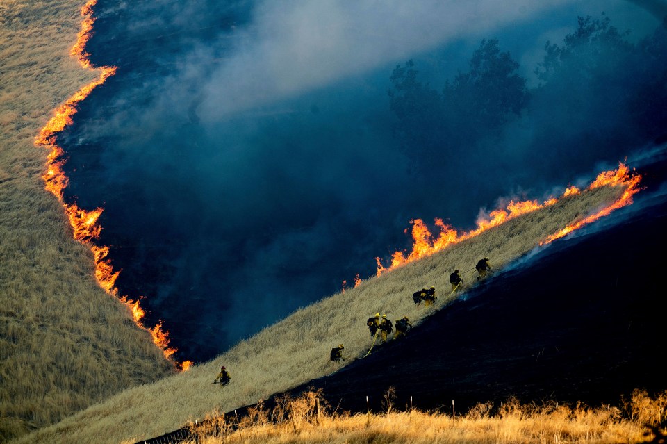 Firefighters battle the Marsh Fire near the town of Brentwood in Contra Costa County, California