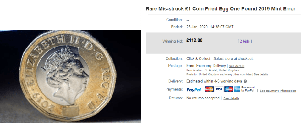  The coin only attracted bids from two users pushing the price up to £112