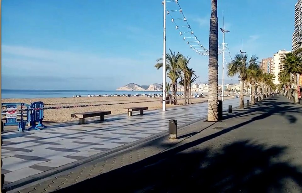 Deserted Benidorm beach from this morning after the governments Corona lockdown