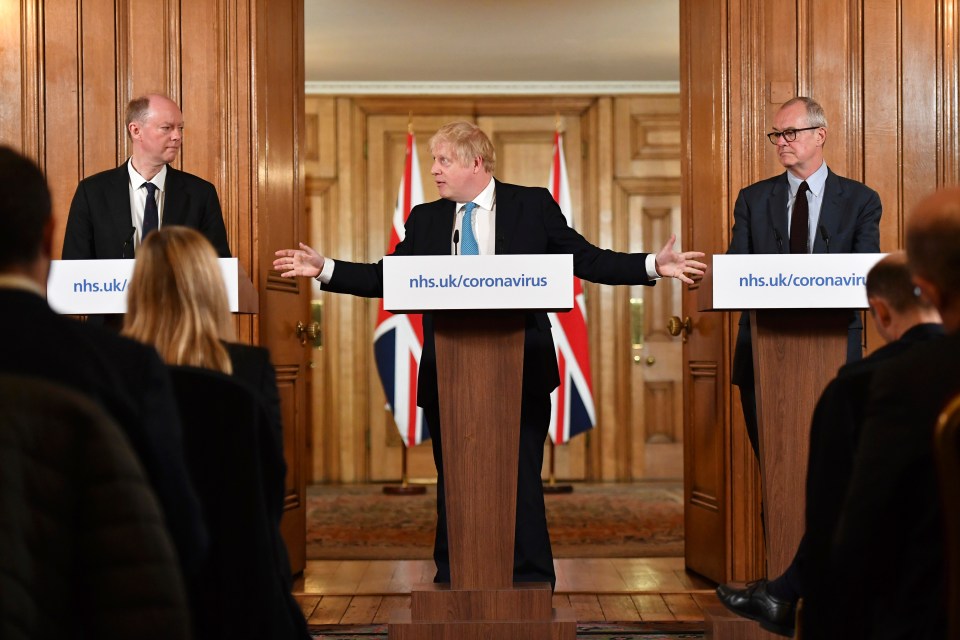  Boris Johnson addressed the nation yesterday flanked by Professor Chris Whitty (left) and Sir Patrick Vallance