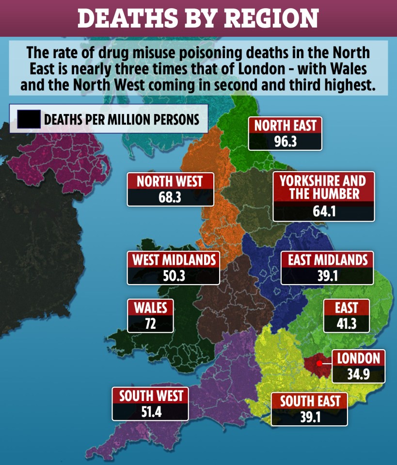  The rate of drug misuse poisoning deaths - where a person dies after taking illegal drugs - is shown in different parts of the UK. Wales - where Carson lived - ranks second highest