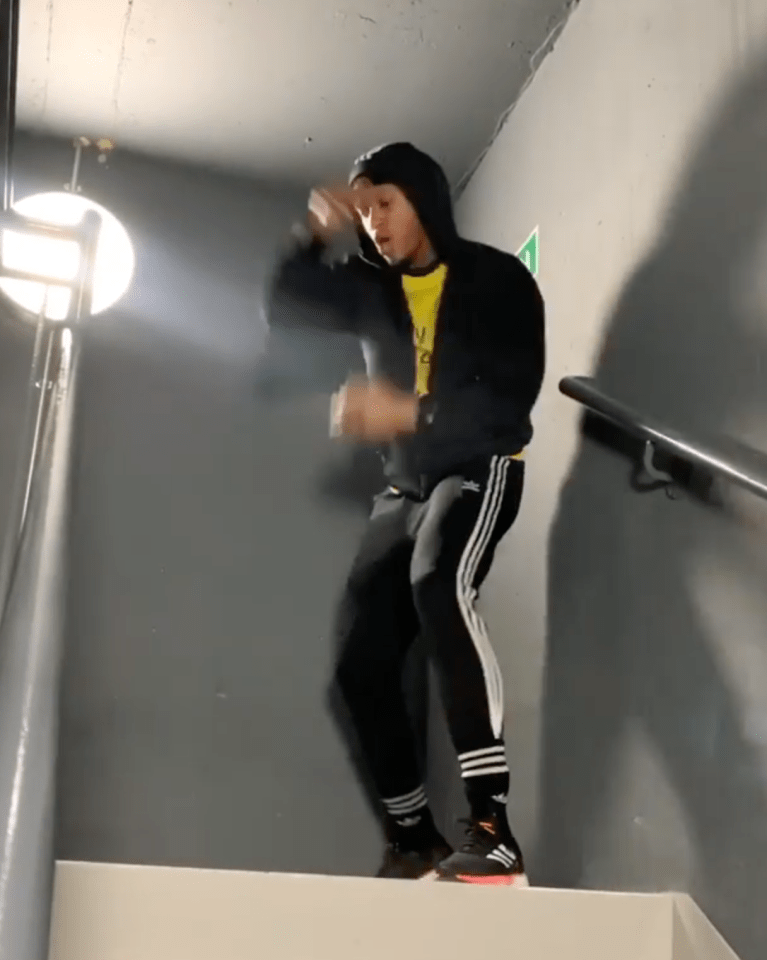 Anthony Yarde made use of the empty staircase to run up the steps and practise his moves