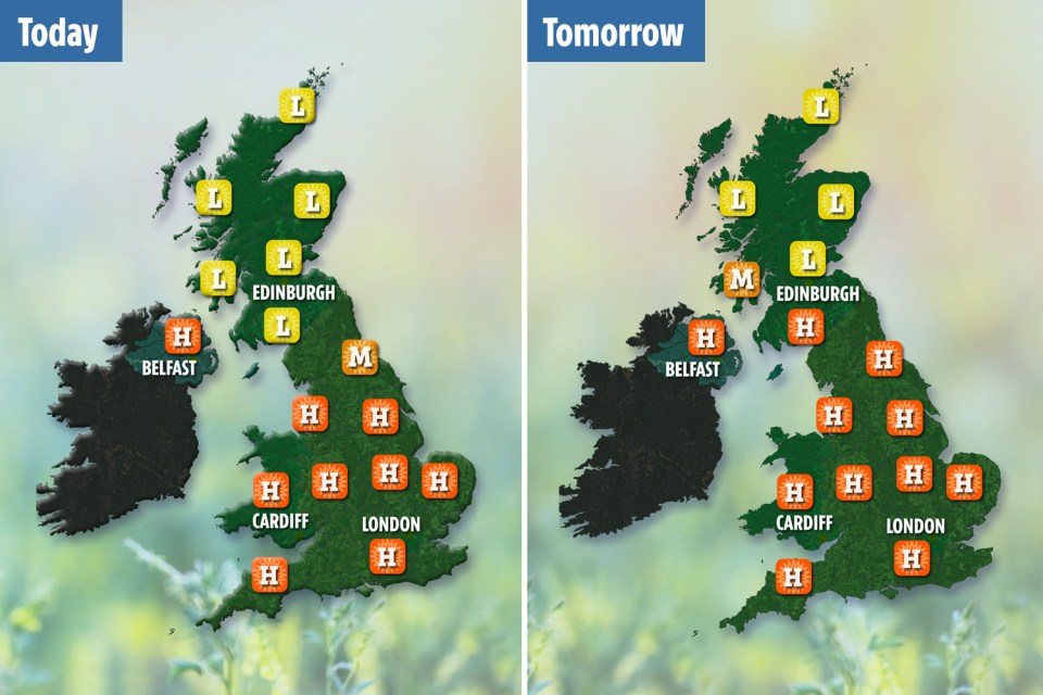  Pollen levels will hit hard today and tomorrow for all of the UK except Scotland and the far north of England