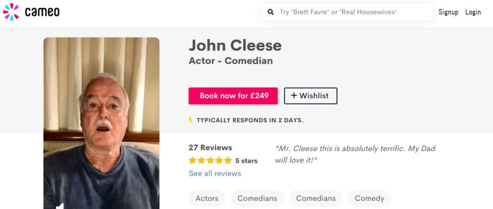  Fans can pay £249 for a personalised video message from John Cleese on Cameo