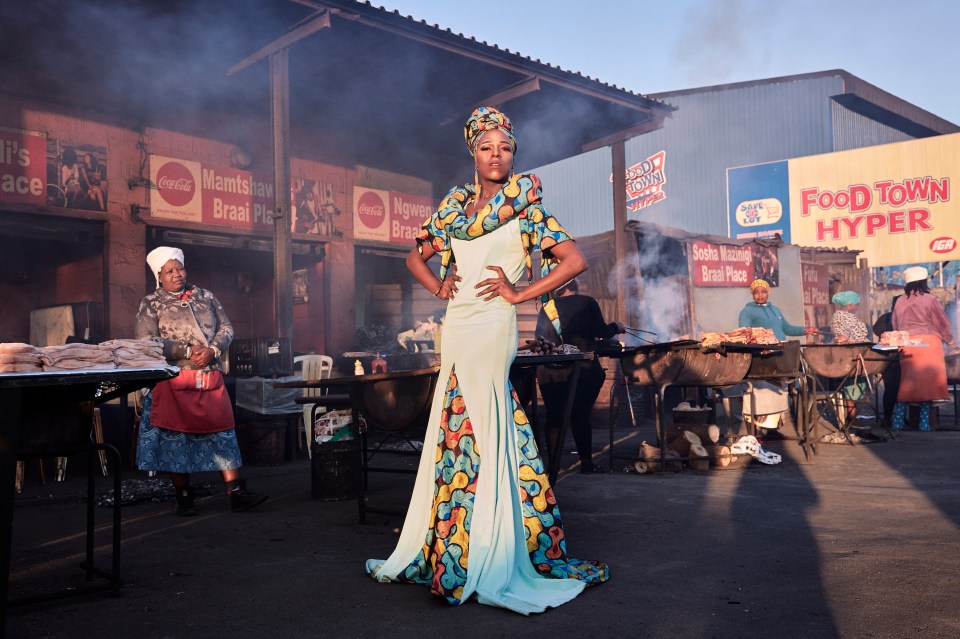 Drag queen Belinda Qaqamba Ka-Fassie poses in a township near Cape Town