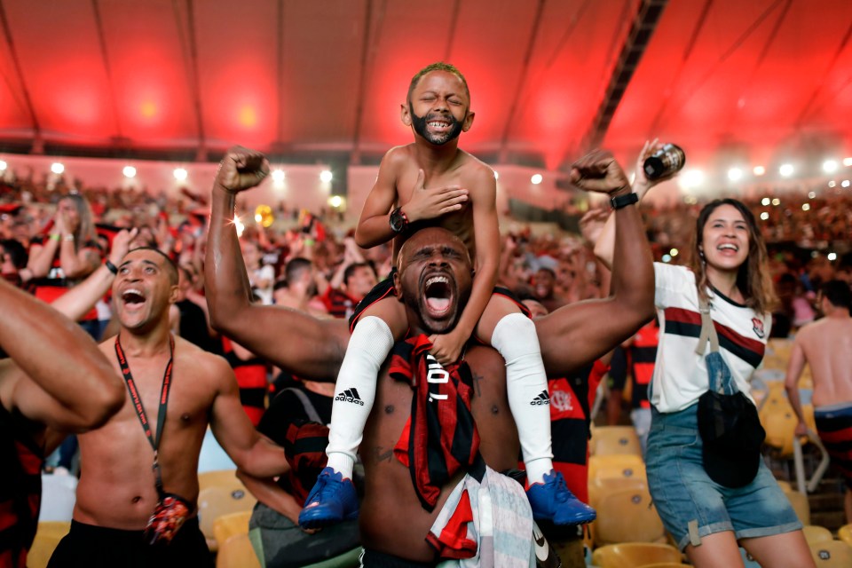 Fans of Brazil's Flamengo football team celebrate a goal against defending champions River Plate in the final of the Copa Libertadores