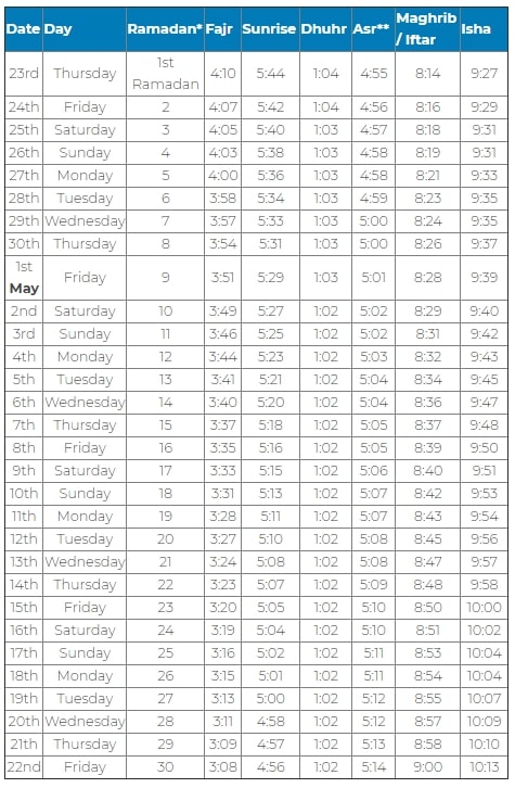 Ramadan schedule for 2020